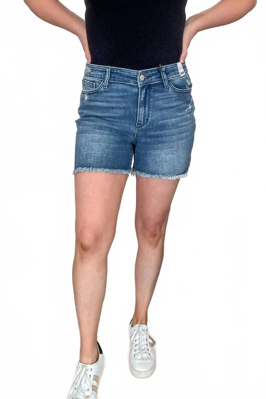 NEW JUDY BLUE jane v-front short in mid wash blue